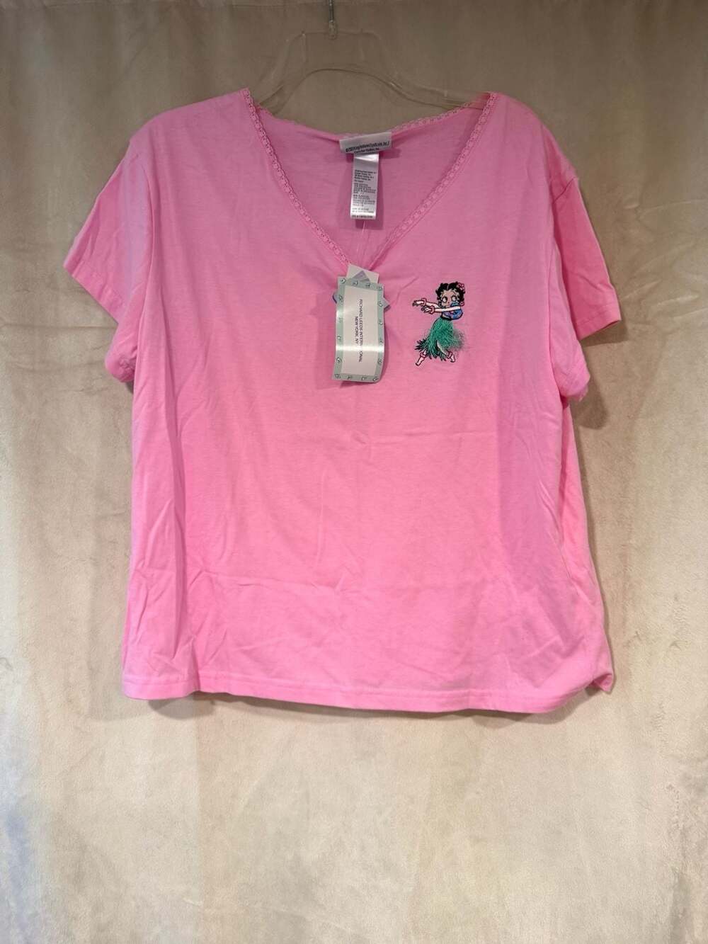 Vintage 2003 Betty Boop Hula Dancer Embroidered Pink V-Neck T-Shirt Size L